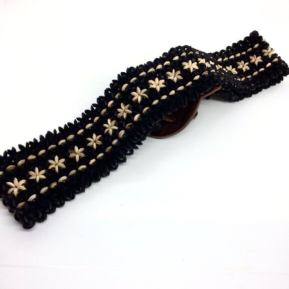 BOHO COCOCONUT BEAD Stretch Belt Wood Frangipani Buckle Black Cream main image 8